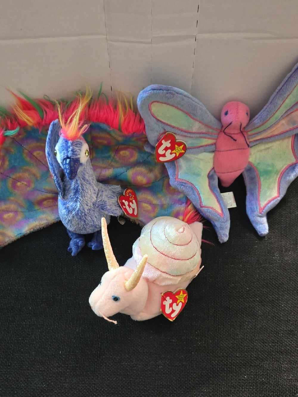 Ty Plush Trio - Multicolor Peacock, Pastel Butterfly, Pink Snail
